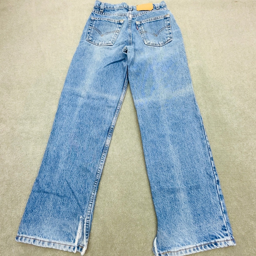 Vintage Light Wash Straight Leg Denim Jeans 26x26 Distressed Hem Slit